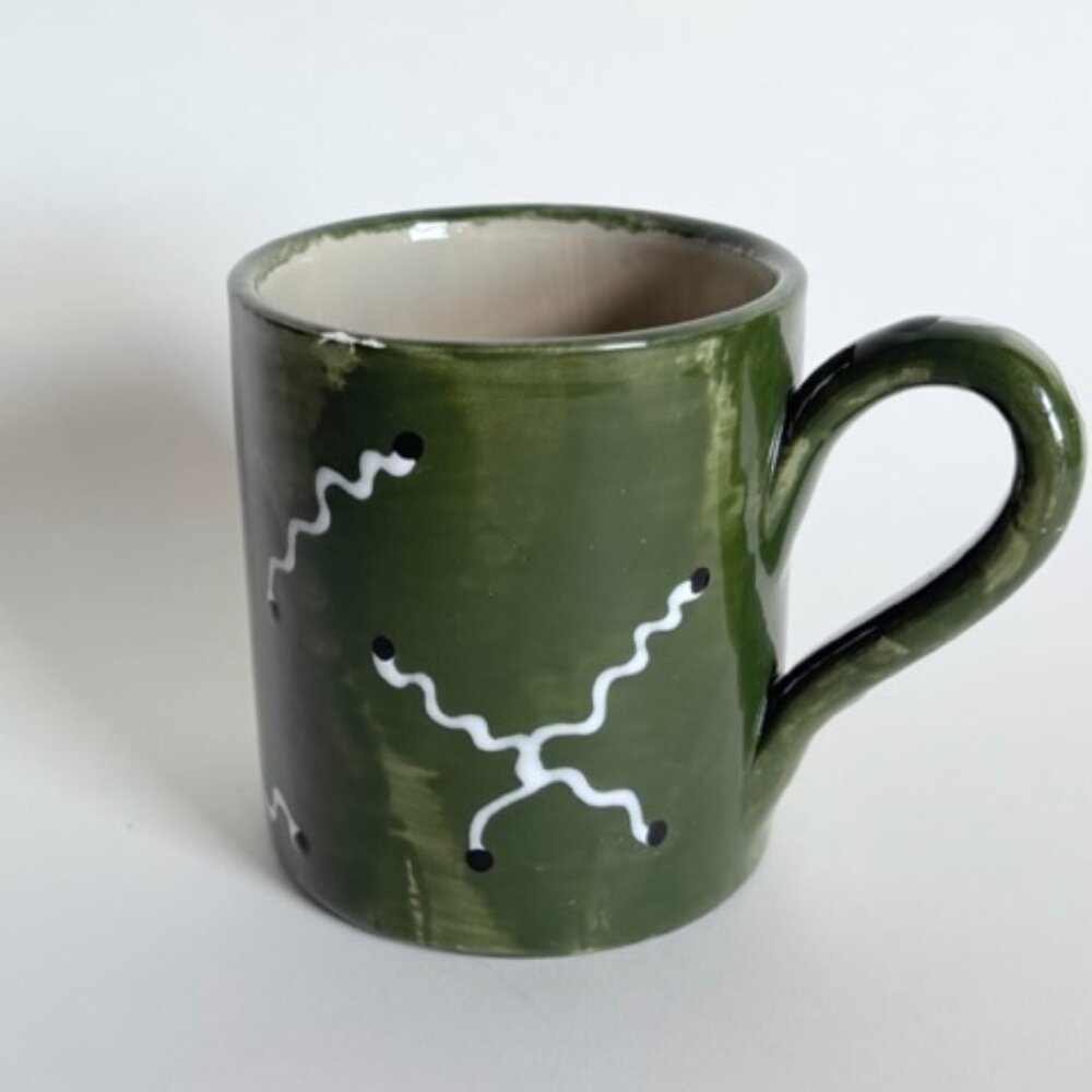 Handmade Green Ceramic Mug with Hand-Painted Scribbles and Lines - Picture 1 of 4